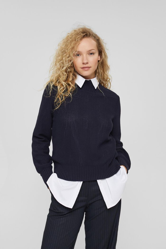 Jumper in textured knit fabric with band collar