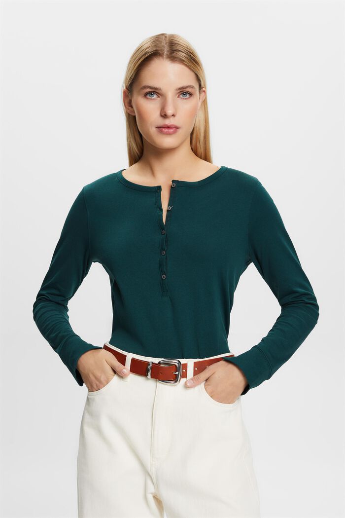 Henley Cotton Top, EMERALD GREEN, detail image number 1