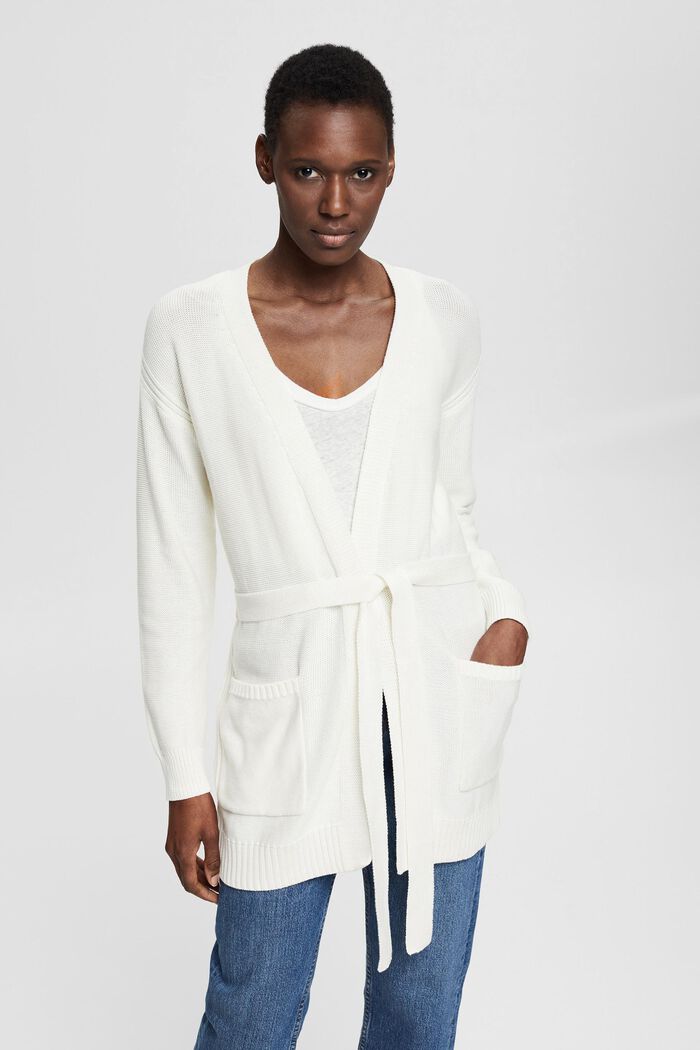 Containing TENCEL™: cardigan with a tie-around belt, OFF WHITE, detail image number 0