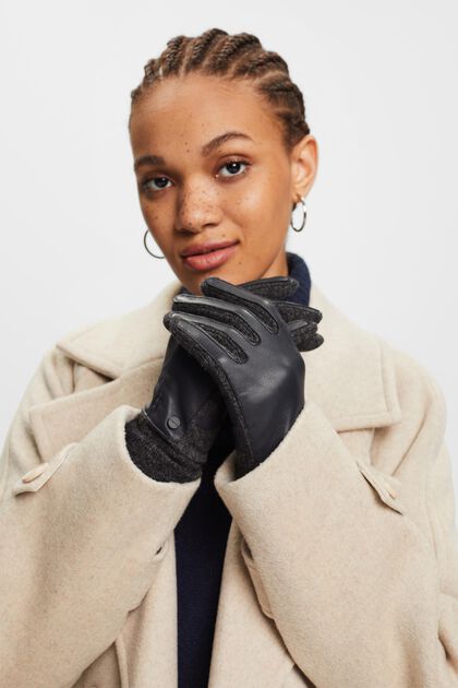 Leather Wool Blend Knit Gloves