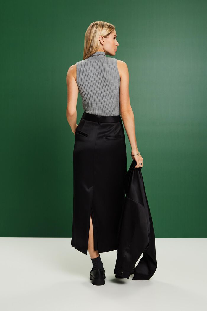Satin Belted Maxi Skirt, BLACK, detail image number 2