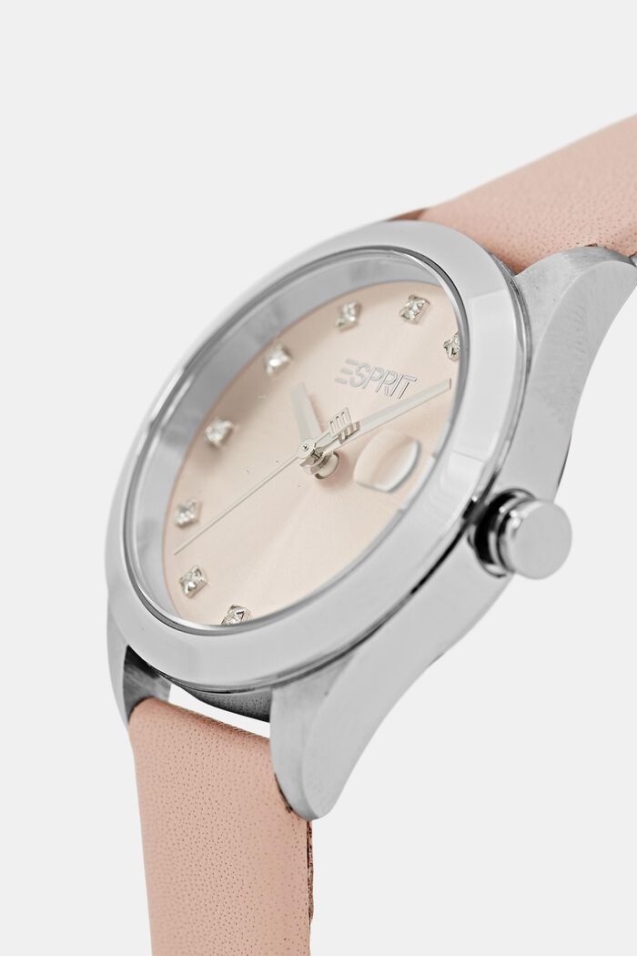 Watch with a leather strap and date display, PINK, detail image number 1