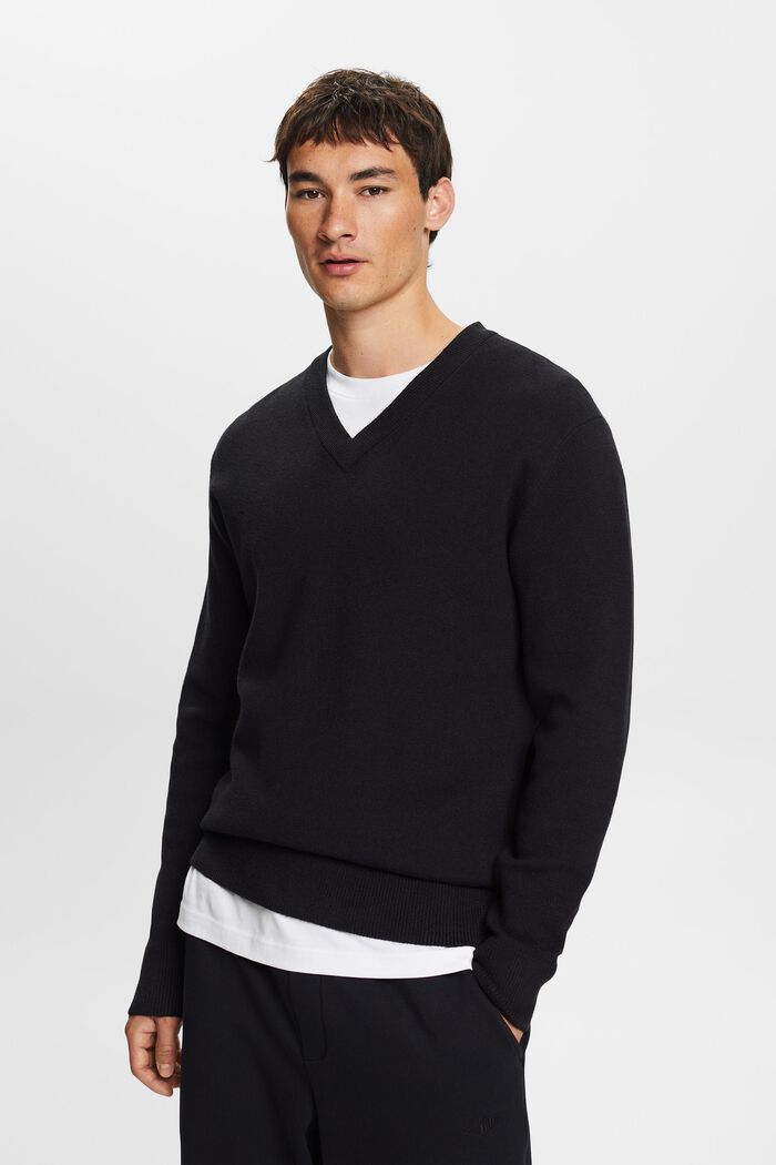 Basic V-neck jumper, wool blend, BLACK, detail image number 1