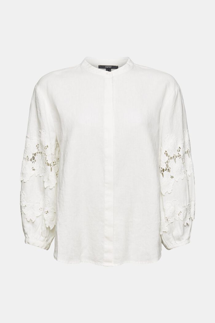 Linen blouse with floral embroidery, OFF WHITE, overview