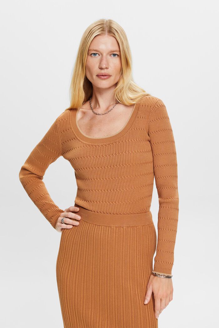 Fitted cable knit jumper, CARAMEL, detail image number 0