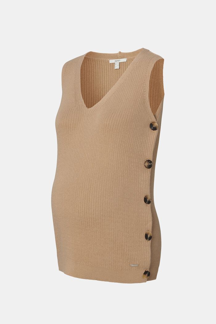 Sleeveless jumper with button placket, organic cotton blend, LIGHT TAUPE, detail image number 3