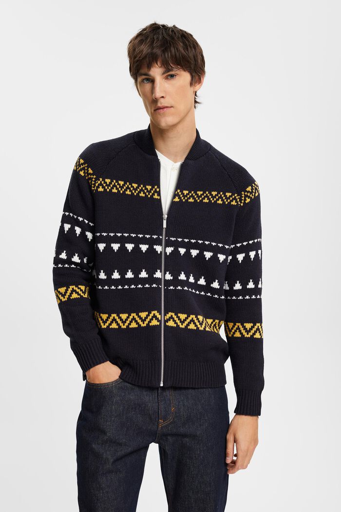 Knitted jacquard zip cardigan, NAVY, detail image number 1