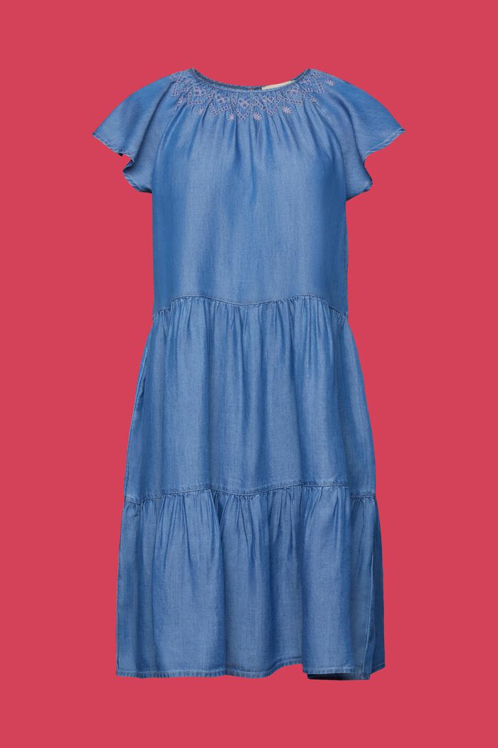 Denim Tiered Mini Dress, BLUE MEDIUM WASHED, detail image number 6