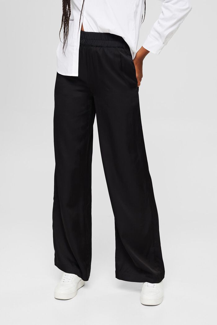 Flowing satin trousers with a wide leg, BLACK, detail image number 0