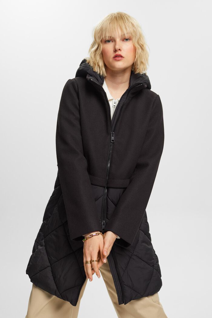 Mixed Material Hooded Coat, BLACK, detail image number 0