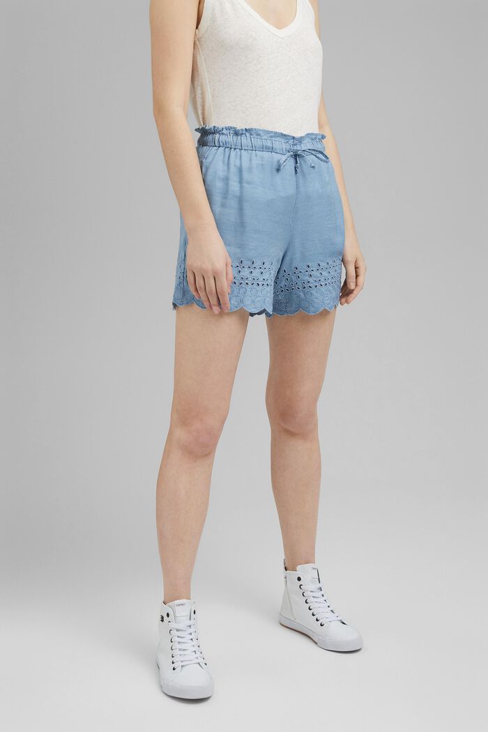 Made of TENCEL™: Shorts with embroidery, BLUE BLEACHED, detail image number 0