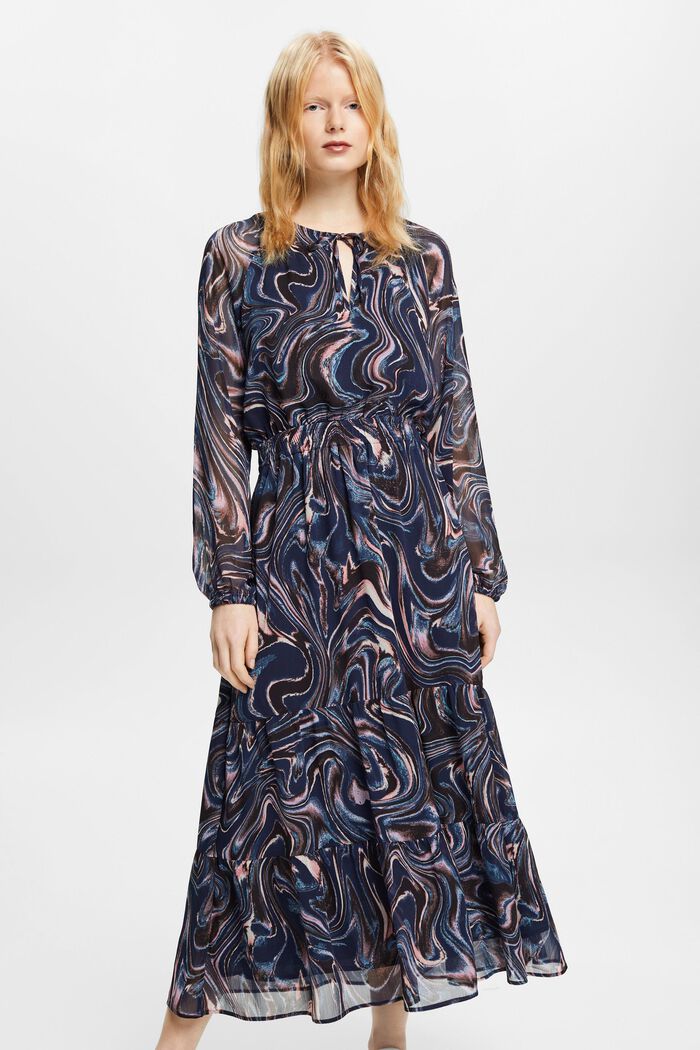 Crinkled chiffon maxi dress with flounce sleeves, NAVY, detail image number 0