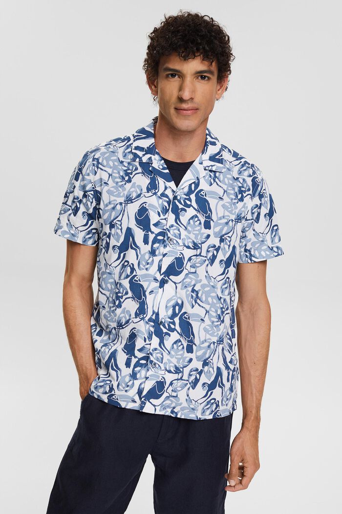Short sleeve shirt with tropical print, 100% cotton, BLUE, detail image number 1