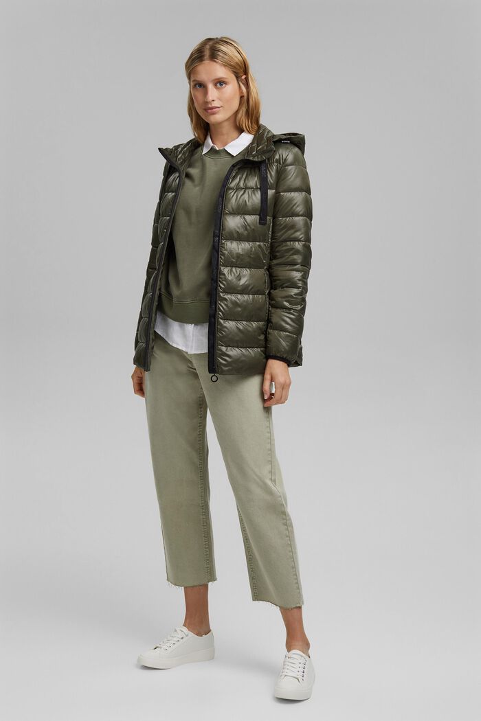 Quilted jacket with a detachable hood, made of recycled material, DARK KHAKI, overview