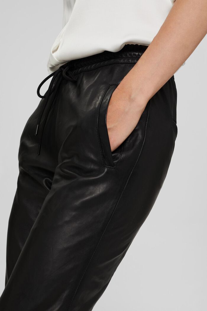 Made of leather: Tracksuit bottoms with drawstring, BLACK, detail image number 2