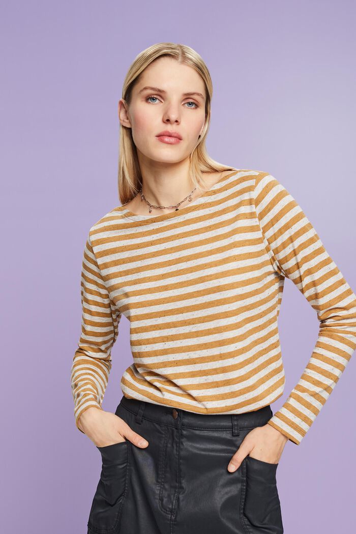 Striped Jersey Long Sleeve Top, CAMEL, detail image number 0