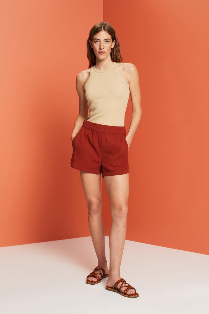 Crinkled Cotton Pull On Shorts, TERRACOTTA, detail image number 4