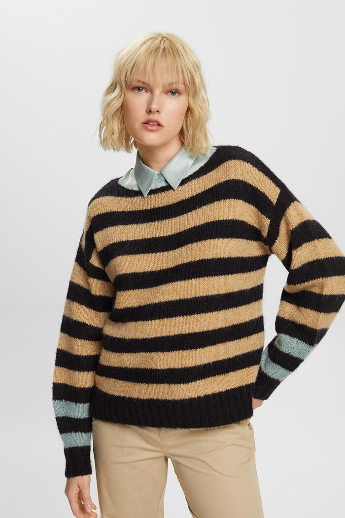 Wool-Mohair Blend Striped Sweater, BLACK, detail image number 0