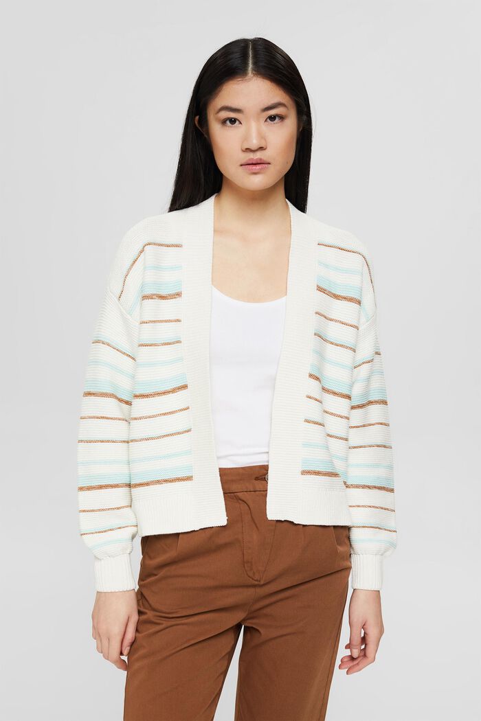 Striped cardigan in 100% cotton, LIGHT TURQUOISE, detail image number 0