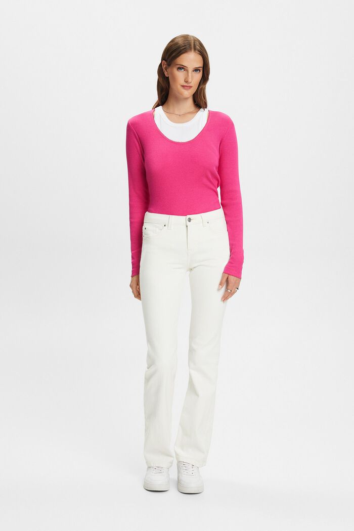 Rib-Knit Jersey Longsleeve Top, PINK FUCHSIA, detail image number 0