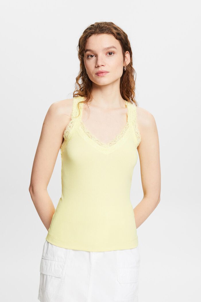 Lace Rib-Knit Jersey Top, LIME YELLOW, detail image number 0