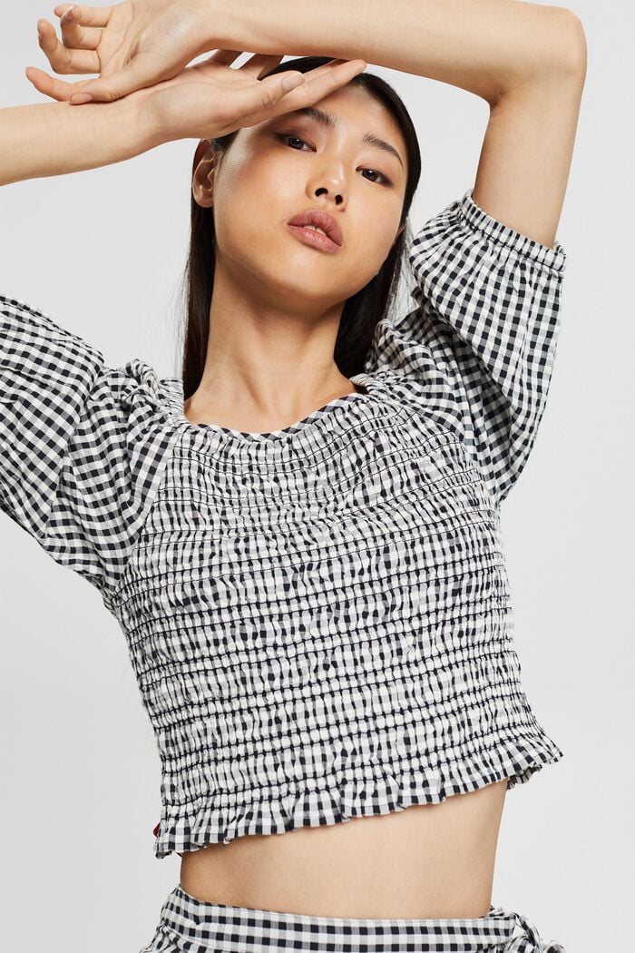 Checked blouse with a square neckline, BLACK, detail image number 0