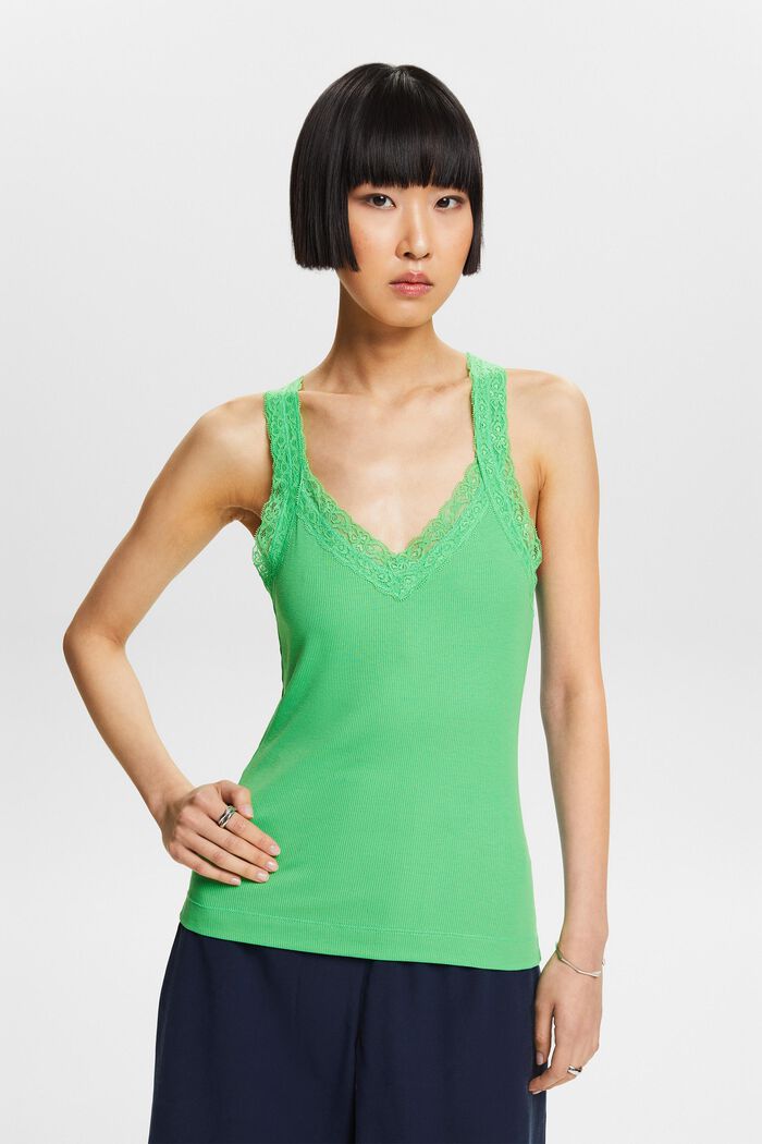 Lace Rib-Knit Jersey Top, CITRUS GREEN, detail image number 4