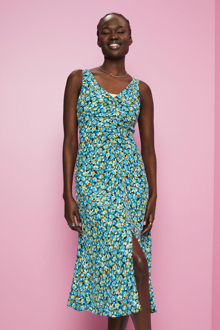 Sleeveless midi dress with all-over print, TURQUOISE, detail image number 0
