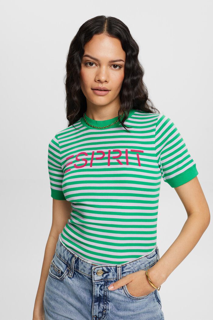 Logo-Print Striped Cotton T-Shirt, GREEN, detail image number 0