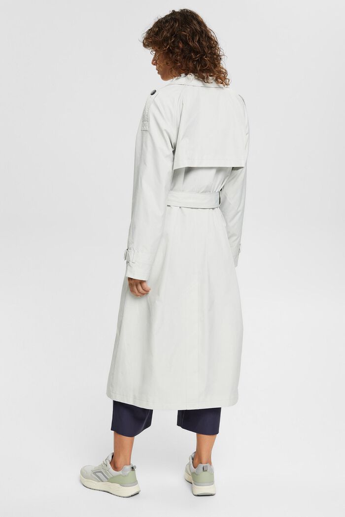 Made of recycled material: long trench coat with a belt, PASTEL GREY, detail image number 3