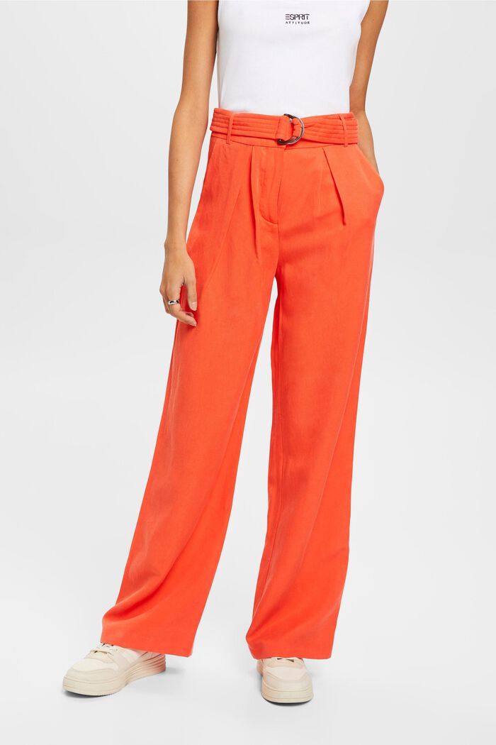 High-rise wide leg linen blend trousers with belt, ORANGE RED, detail image number 0