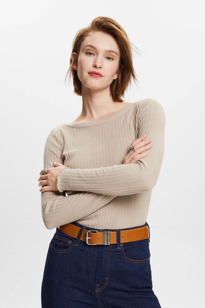Pointelle Rib-Knit Jersey Longsleeve, LIGHT TAUPE, detail image number 1