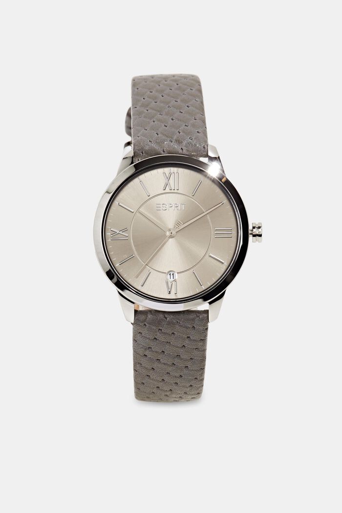 Stainless steel watch with textured leather strap, GREY, overview