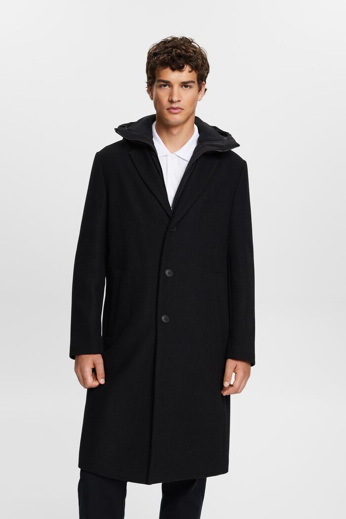 Wool Blend Detachable Hood Coat, BLACK, detail image number 0