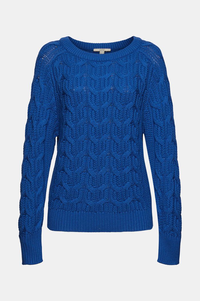 Cable knit jumper made of blended cotton, BRIGHT BLUE, overview
