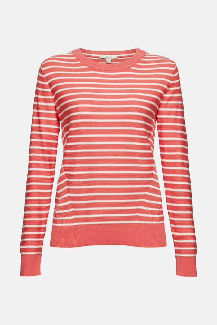Jumper with stripes, 100% cotton, CORAL, overview