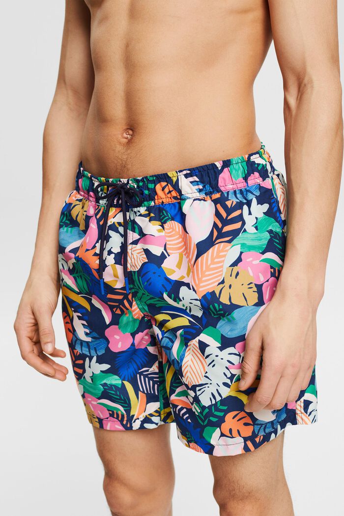 Swim shorts with a tropical print, NAVY, detail image number 2