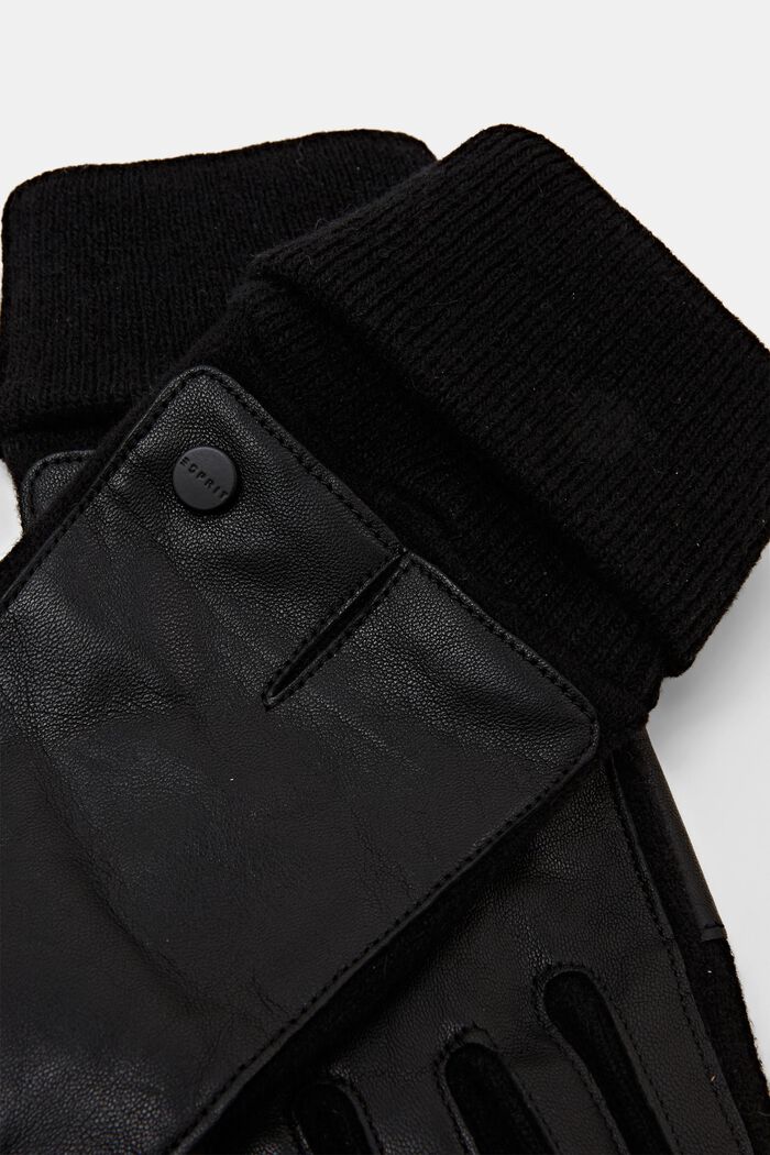 Leather Wool Blend Knit Gloves, BLACK, detail image number 1