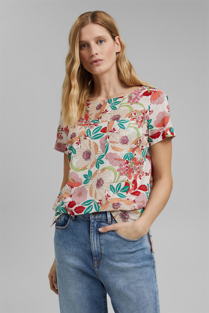 Short sleeve blouse with floral print, OFF WHITE, detail image number 0