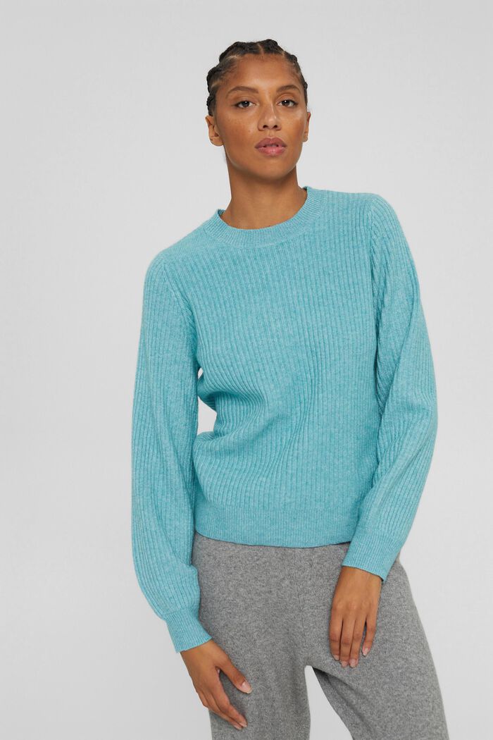 Wool blend: jumper with balloon sleeves, LIGHT AQUA GREEN, detail image number 5