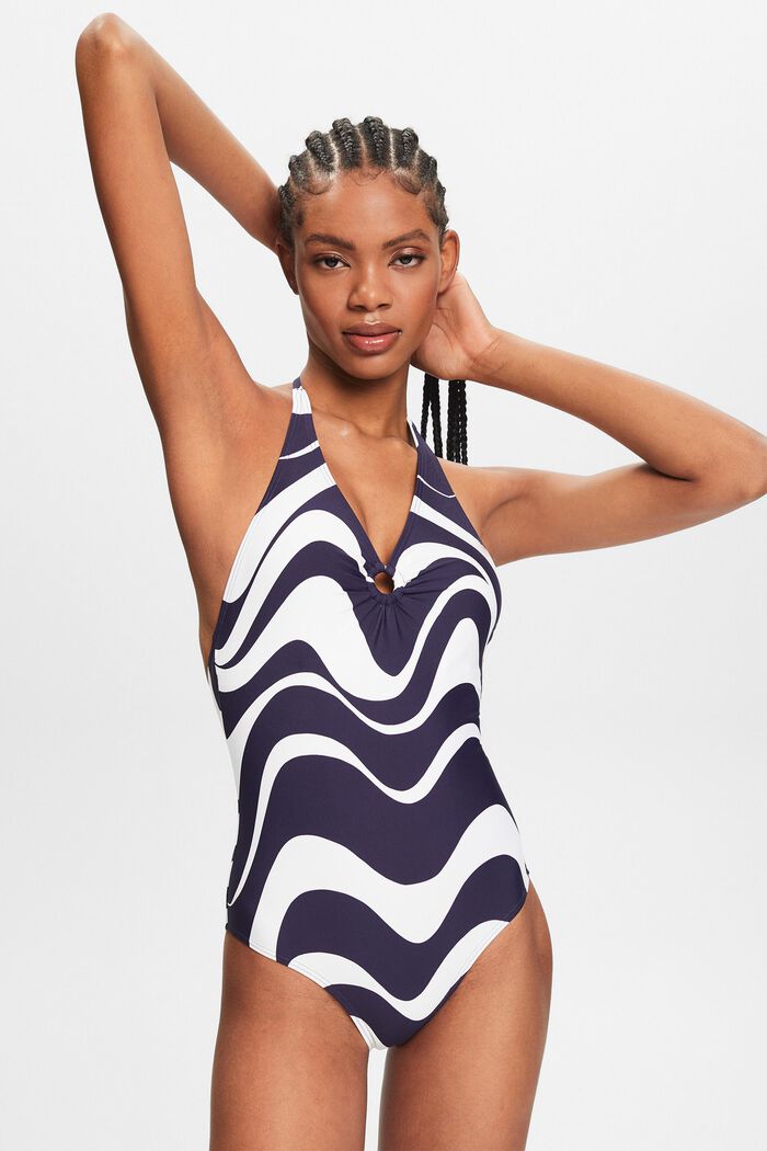 Printed Halter One-Piece Swimsuit, NAVY, detail image number 4
