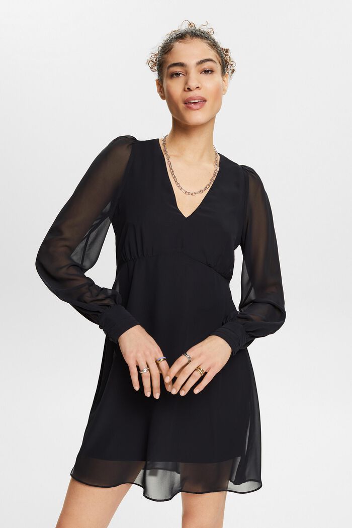 V-Neck Chiffon Mini Dress, BLACK, detail image number 0