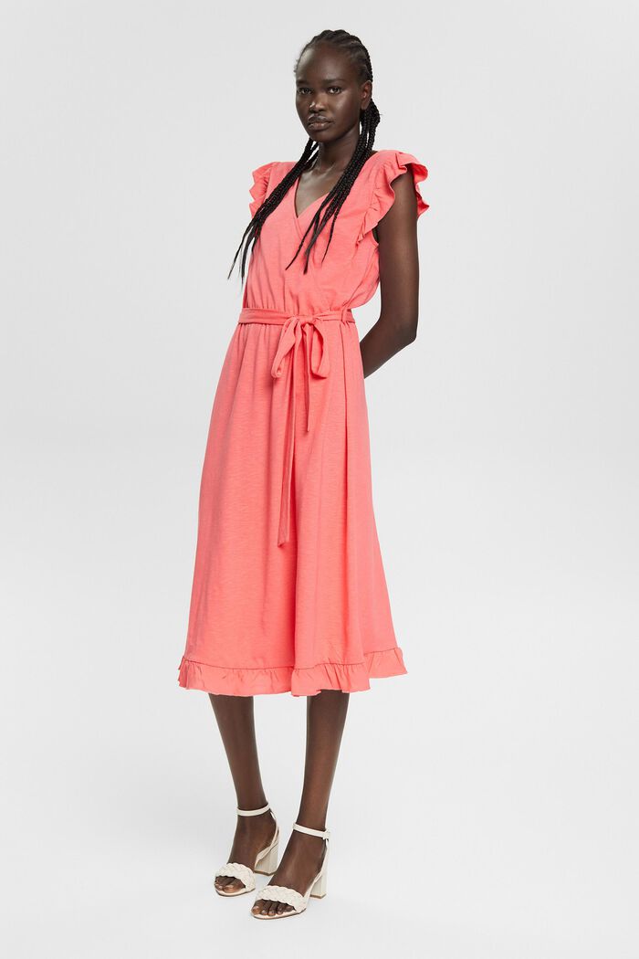 Containing TENCEL™: midi dress with a tie-around belt, CORAL RED, detail image number 5