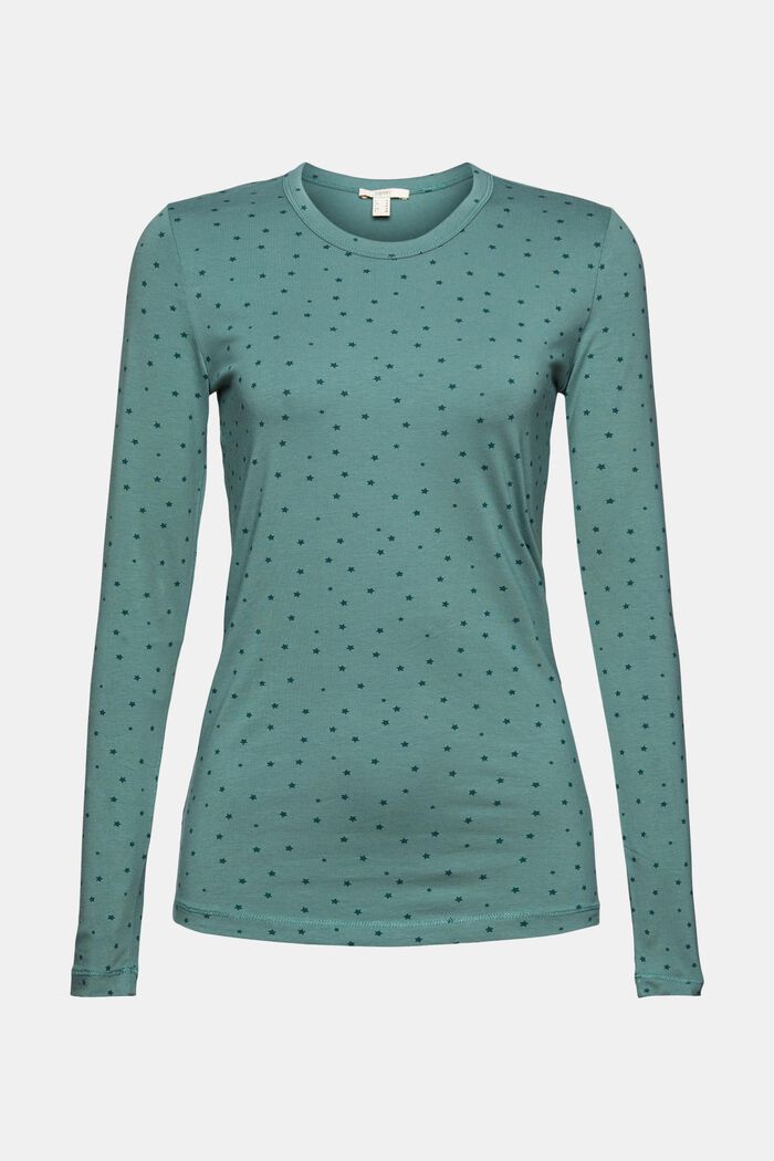 Organic cotton long sleeve top with a star print, TEAL BLUE, overview