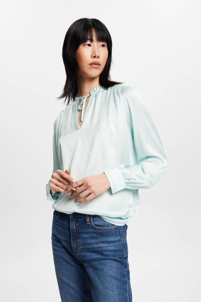 Satin blouse with ruffled edges, LIGHT AQUA GREEN, detail image number 0