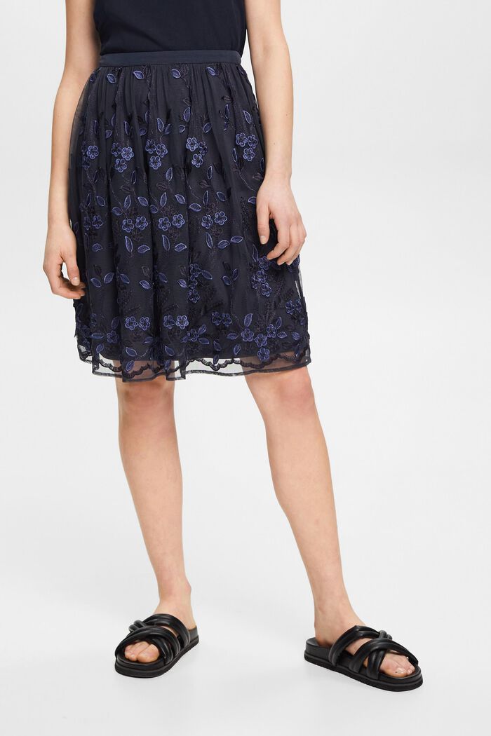 Lace midi skirt with floral embroidery, NAVY, detail image number 0