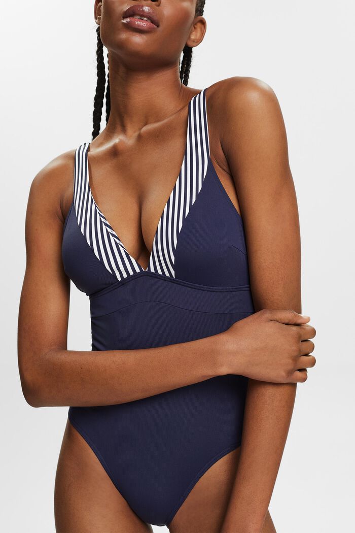 Striped One-Piece Swimsuit, NAVY, detail image number 2