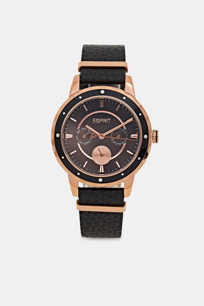 Multi-functional watch with a leather strap, BLACK, detail image number 0
