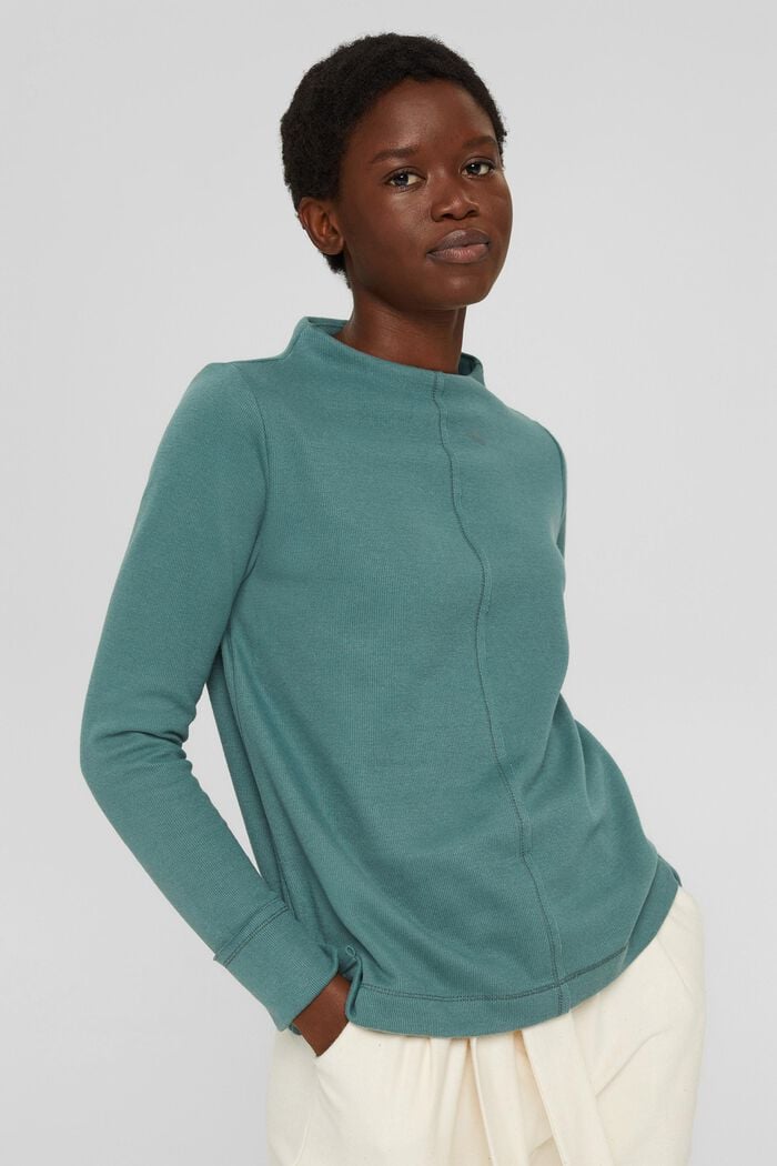 Sweatshirt with a stand-up collar, blended organic cotton, TEAL BLUE, overview