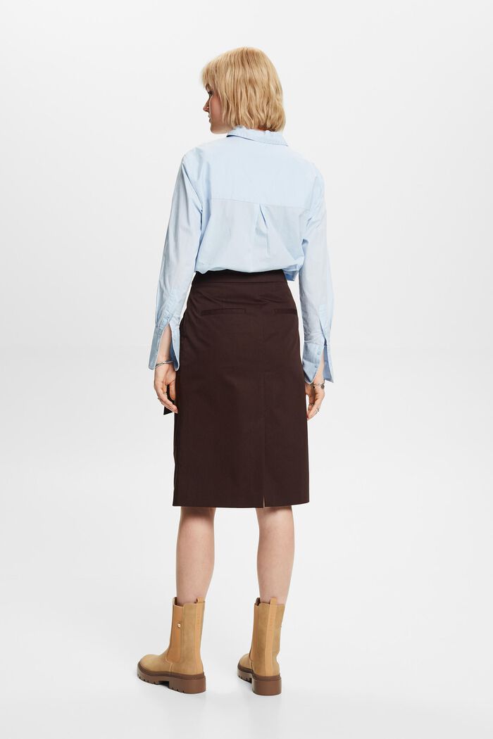 Belted knee length skirt, 100% cotton, DARK BROWN, detail image number 3